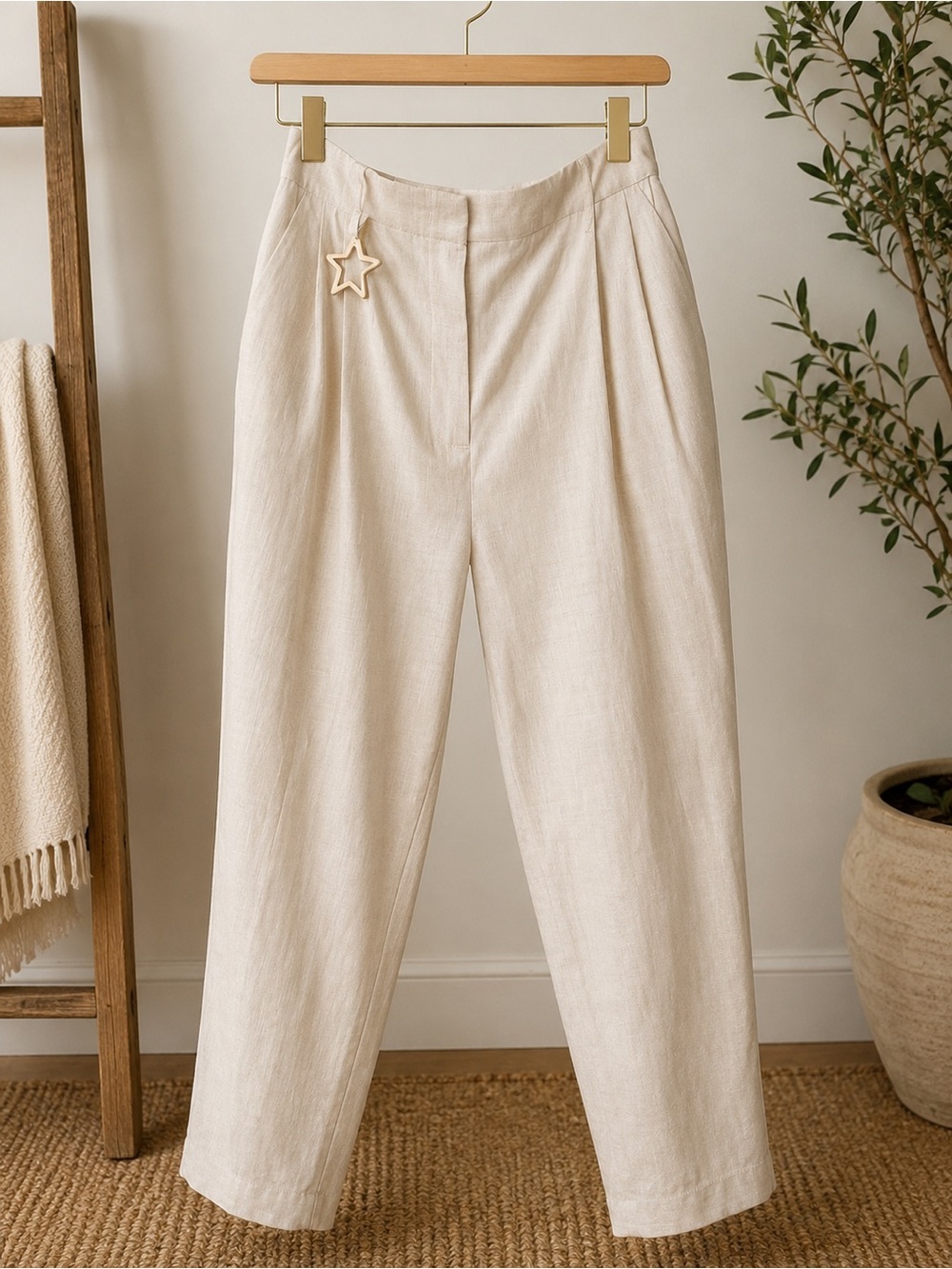 High-Rise Lorena Antoniazzi Relaxed Linen Blend Pants in Cream.  Made in Italy.